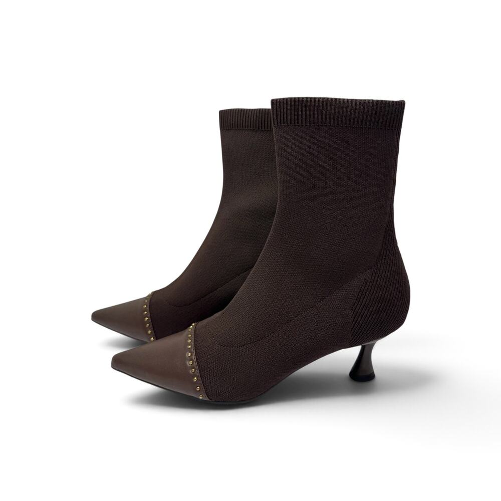 Cosy Island Women's Sock Knit Bootie 6.5 Brown Kitten Heel Studded Pointed Toe